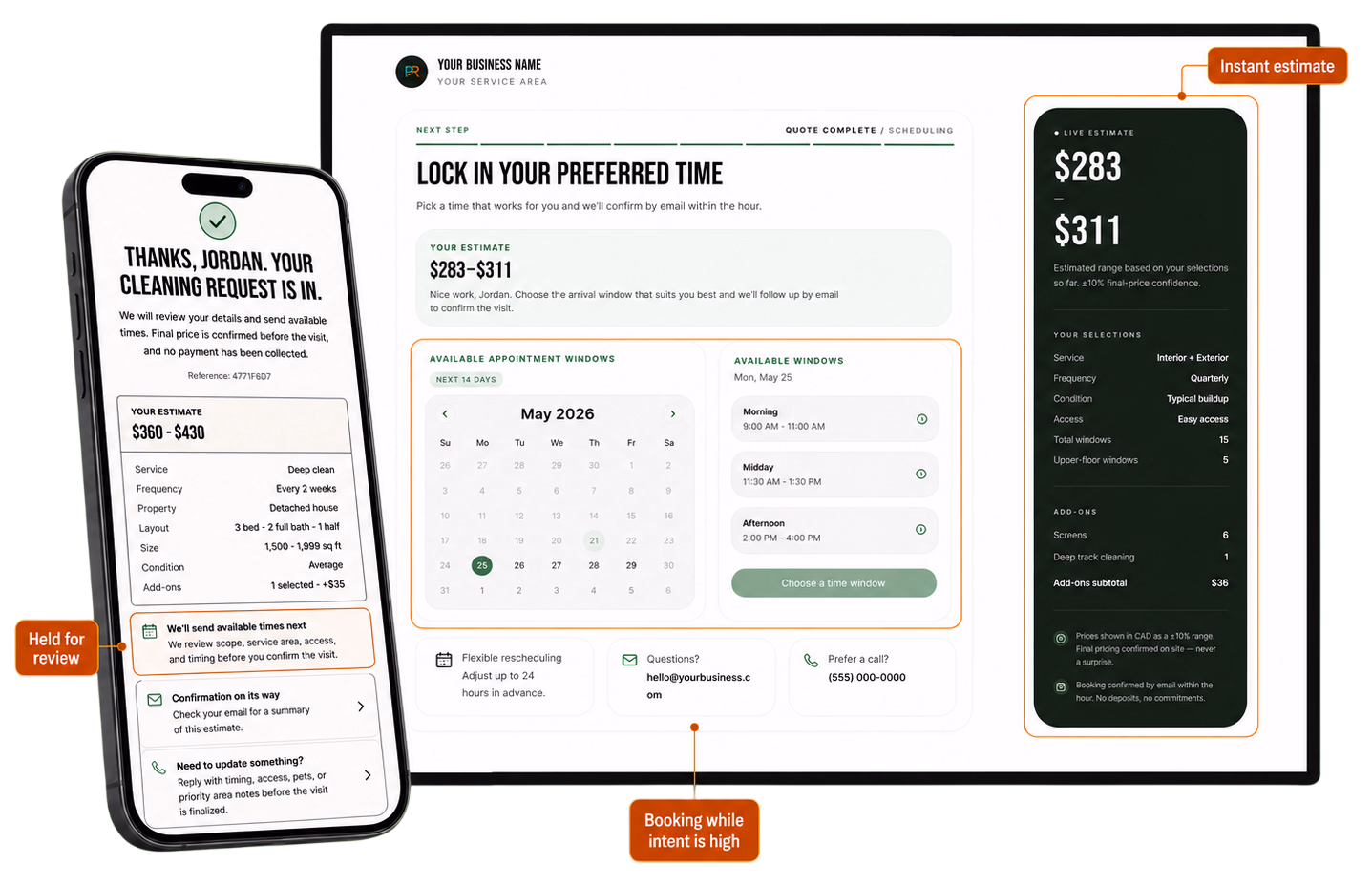 A SmartQuote example showing an instant estimate range, a booking step, and a held review step.